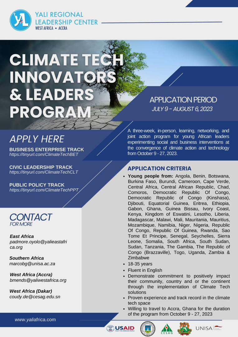 Call For Applications: YALI Africa Climate Tech Innovators and Leaders Program 2023 for young African leaders (Fully Funded)