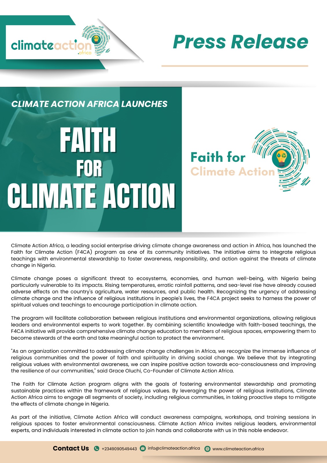 Climate Action Africa Launches Faith for Climate Action (F4CA) to Foster Eco-Consciousness in Nigerian and African Religious Institutions