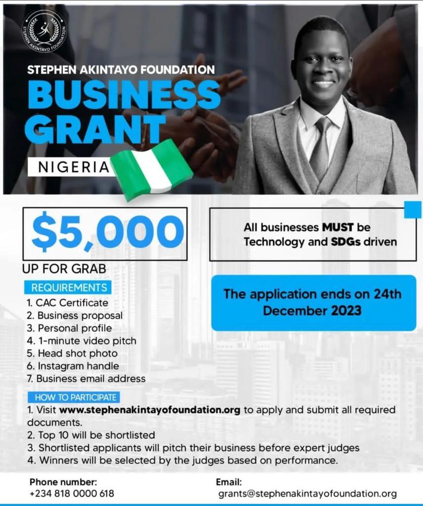 Call For Applications: Stephen Akintayo Foundation Business Grants ( Up to $5,000)