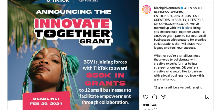 Call For Applications: BGV, TikTok Innovate Together Grant Program( $50,000 Grant to 12 Small Businesses)