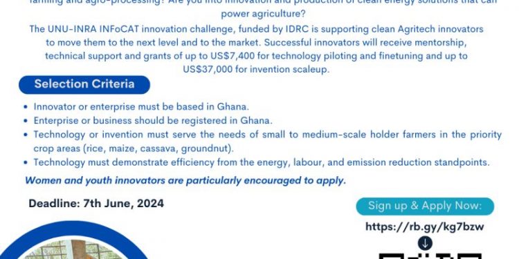 Call For Applications: UNU INRA INFoCAT Innovation Agriculture Challenge 2024 for African Clean Energy Powered Agritech Innovations ( Up to $37,000 Grant)