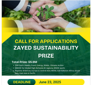 Call For Applications: Zayed Sustainability Prize For SMEs and Nonprofits (Up to $5.9 Million Prizes)