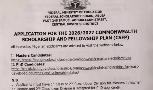 Call For Applications: Commonwealth Scholarships and Fellowship 2026/2027 For Nigerians