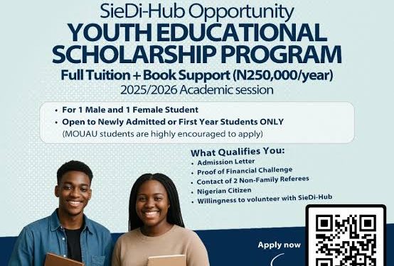 Call For Applications: SieDi-Hub Youth Education Scholarship 2025 for Nigerians (Up to N250,000 Annually, Mentorship, Internship Placement )