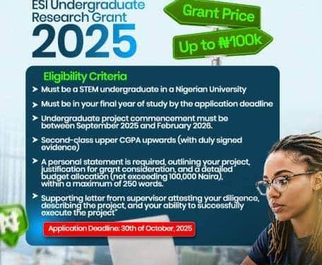 Call For Applications: ESI Undergraduate Research Grant 2025 for STEM Students in Nigeria (Up to N100k Grant)