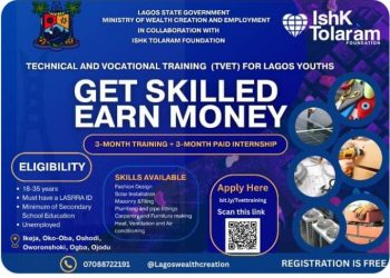 Call For Applications: Lagos State Free TVET Program for Youths “Get Skilled, Earn Money”
