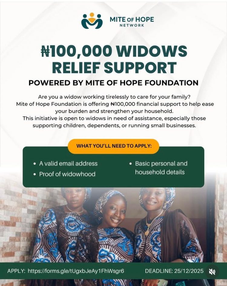 Call for Applications: Widows Relief Support by Mite of Hope Foundation( ₦100,000 Grant)